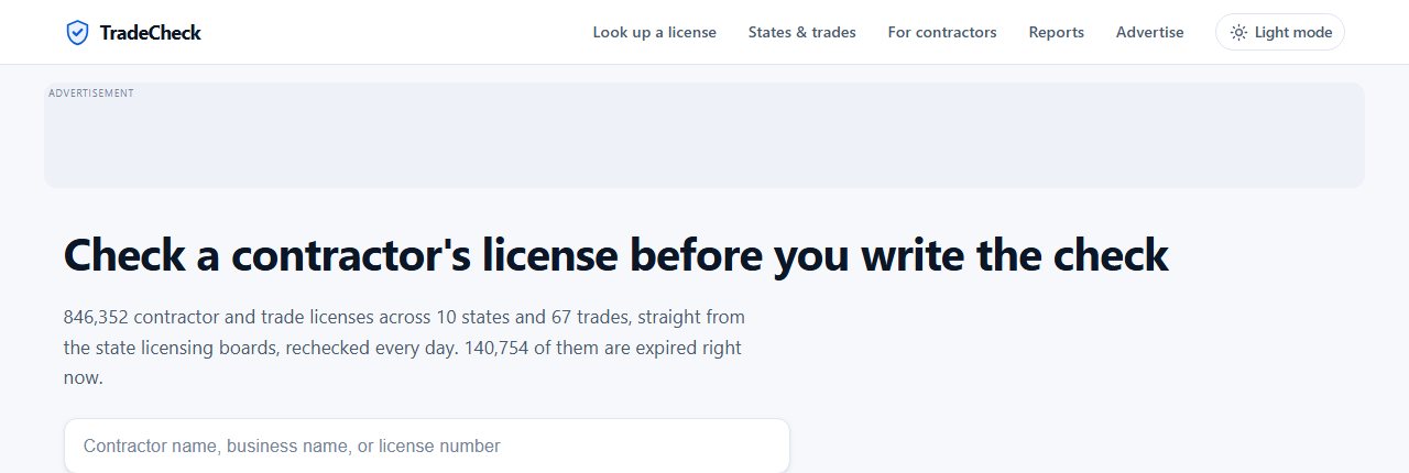 Homepage of the TradeCheck contractor license lookup site